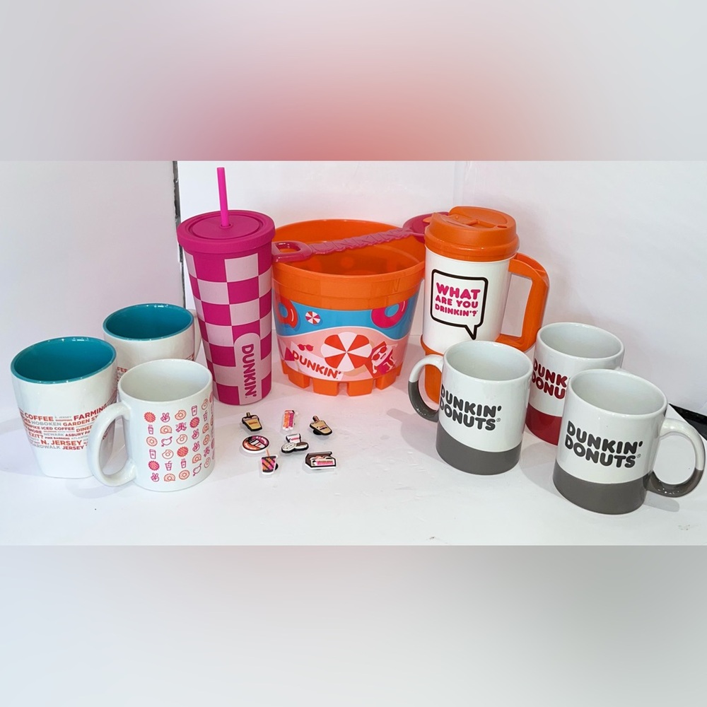 Dunkin Mugs, Travel Cup, Tumbler w Straw, Sandbucket, and Jibbitz Collection